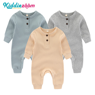 Kiddiezoom 3件/組春秋素色長袖男女寶寶連身衣 坑條棉質新生兒爬服 3-24個月嬰兒衣服