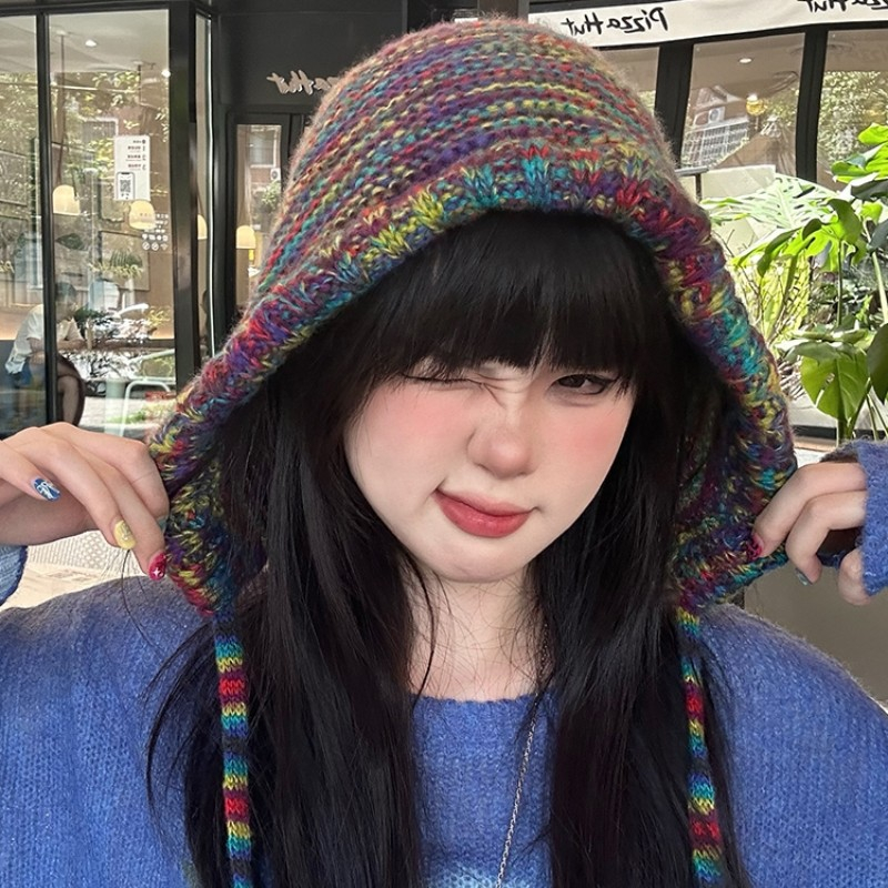 日本護耳保暖保護頭帶帽,適合小臉女性。 新款秋冬羊毛帽配拼色復古繫帶針織帽
