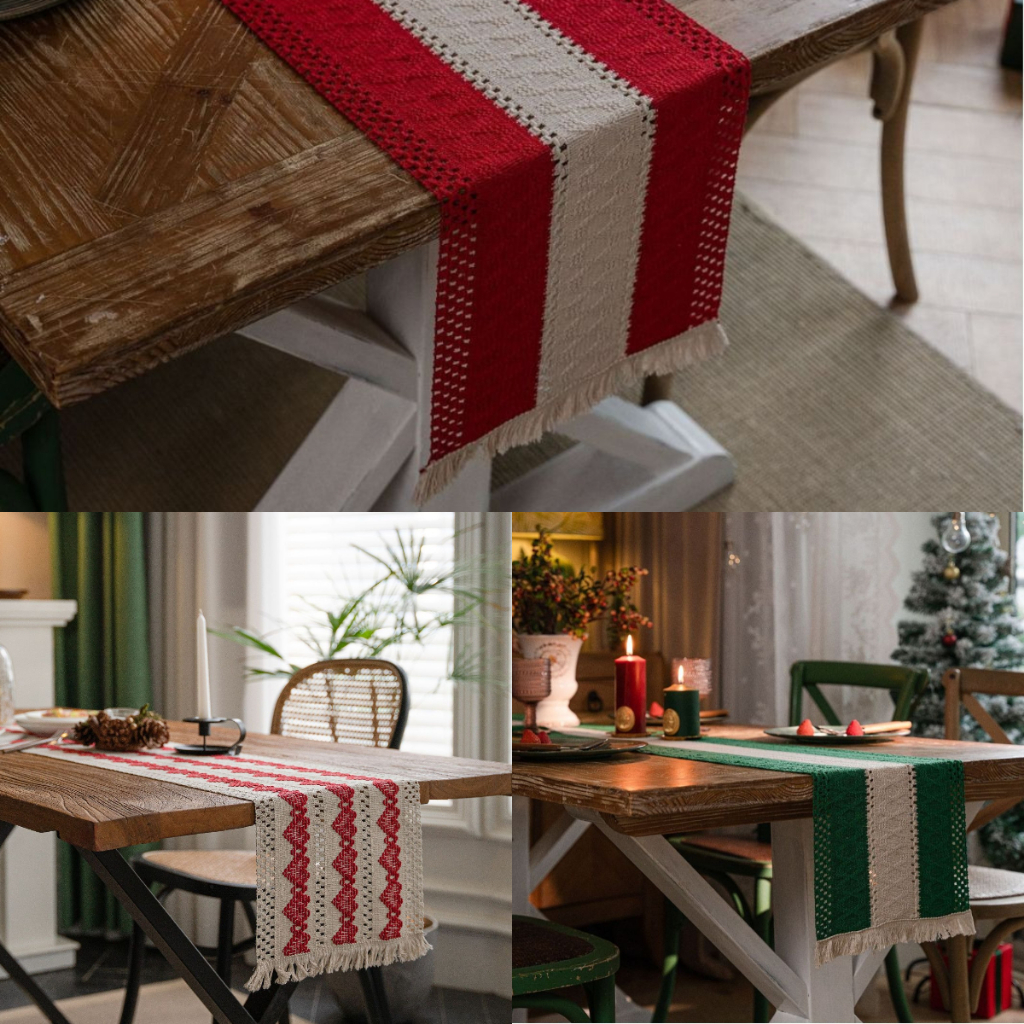 桌旗棉麻桌旗條紋縫合編織帶流蘇餐墊廚房桌布聖誕中心餐桌旗用於餐桌