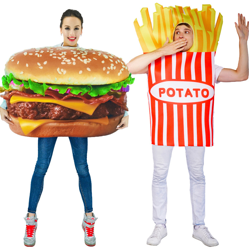 成人男童薯條美味漢堡連身衣萬聖節時尚搞笑食物吉祥物套裝男女通用女裝角色扮演服裝