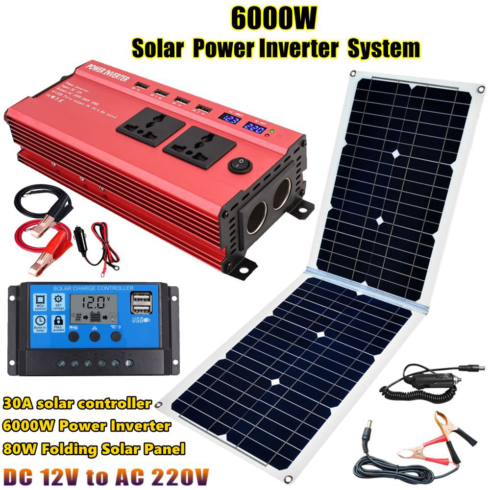 太陽能逆變器系統6000W電源轉換器12V至110V/220V+80W太陽能板+30A太陽能控制器帶4USB