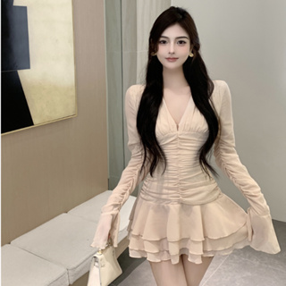 韓版時尚性感洋裝女裝緊身收腰v領長袖皺褶高腰A字洋裝