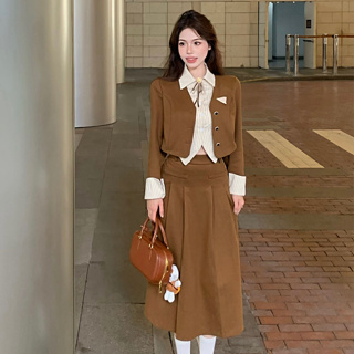 韓版時尚套裝女裝學院風復古棕色翻領單排扣長袖襯衫外套+高腰中長款A字半身裙兩件套