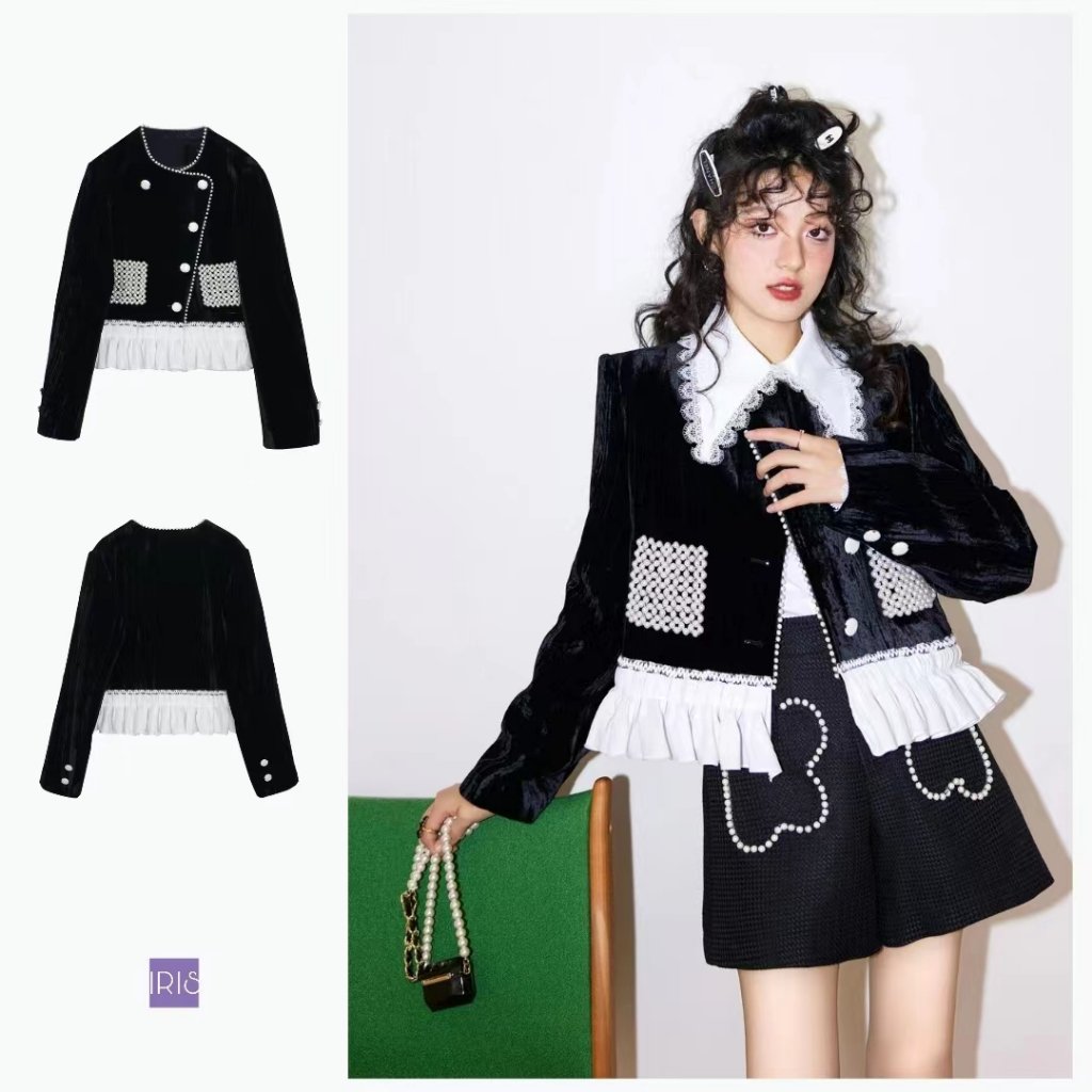 IRIS BOUTIQUE 泰國製造 小眾設計Dreamer jacket黑色絲絨長袖外套夾克