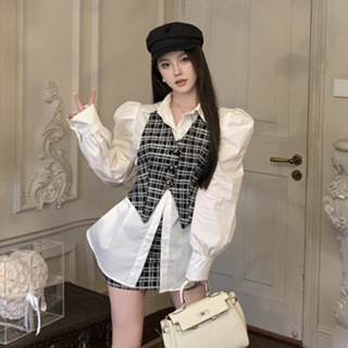 韓版時尚套裝女裝氣質性感翻領長袖寬鬆白色襯衫+短版緊身格子馬甲上衣+高腰迷你半身裙三件式