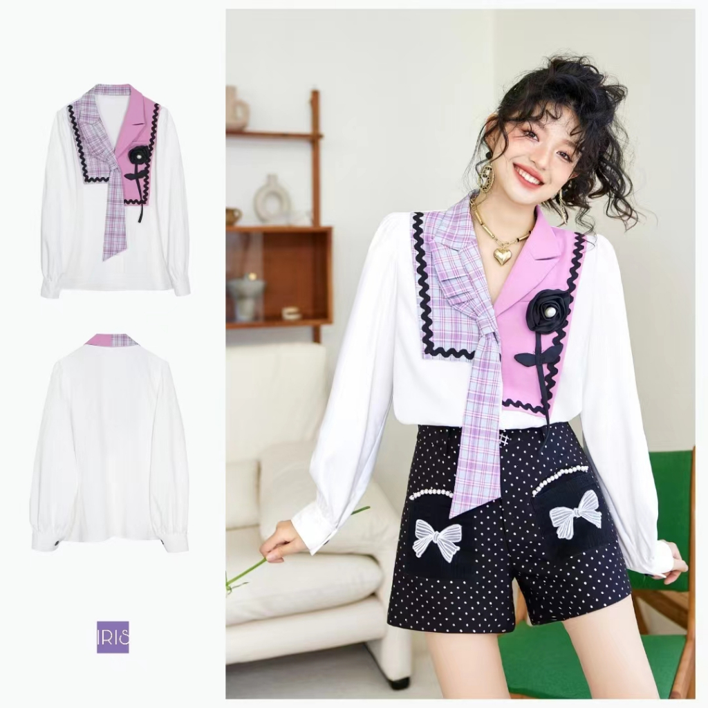 IRIS BOUTIQUE 泰國製造 小眾設計 Pink macaron shirt 撞色拼接長袖襯衫秋新品