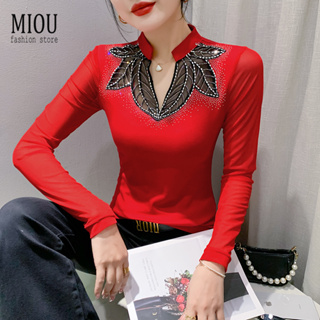 Miou 實時2023秋季新款修身修身時尚小襯衫長袖女紅色上衣重磅工藝鑽石V領3XL大T恤