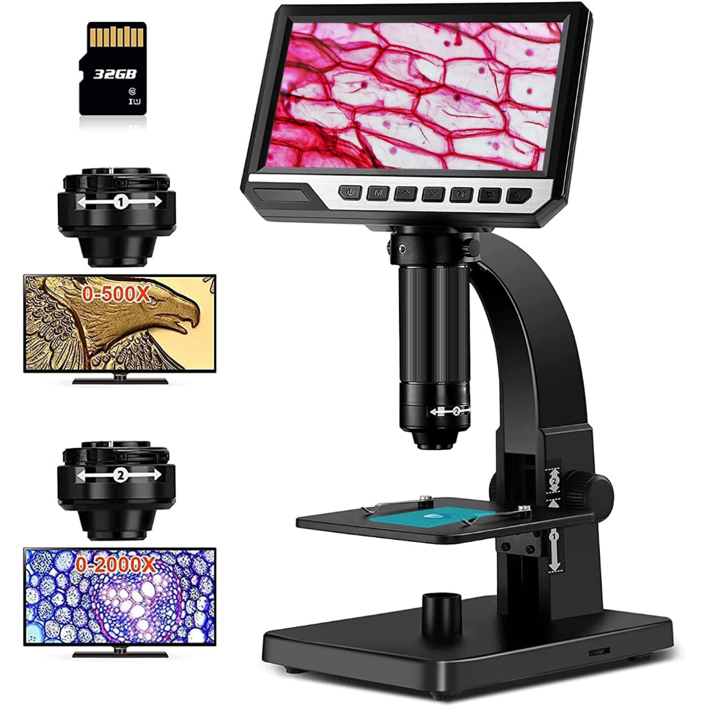 Edm11 LCD 數碼顯微鏡,2000X 生物顯微鏡,帶數碼和微生物鏡頭,7 英寸 IPS 顯示屏,10 個 LED,