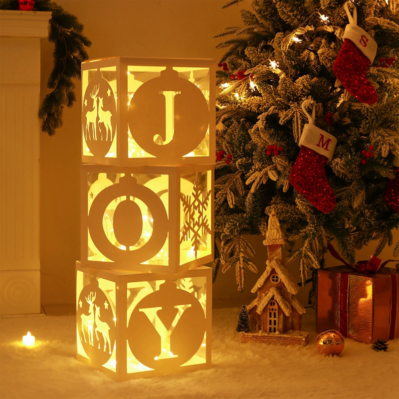 27 * 27 厘米聖誕快樂透明盒帶 LED 燈串麋鹿雪花空心字母圖案“歡樂”盒聖誕裝飾品 2023 聖誕飾品