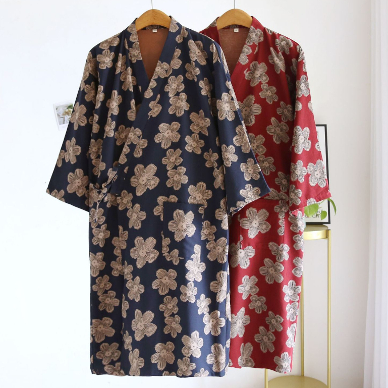 日式和服浴袍睡袍 100%純棉紗布色織雙層日式睡衣女士薄款春夏家居服汗蒸服甚平和服袍