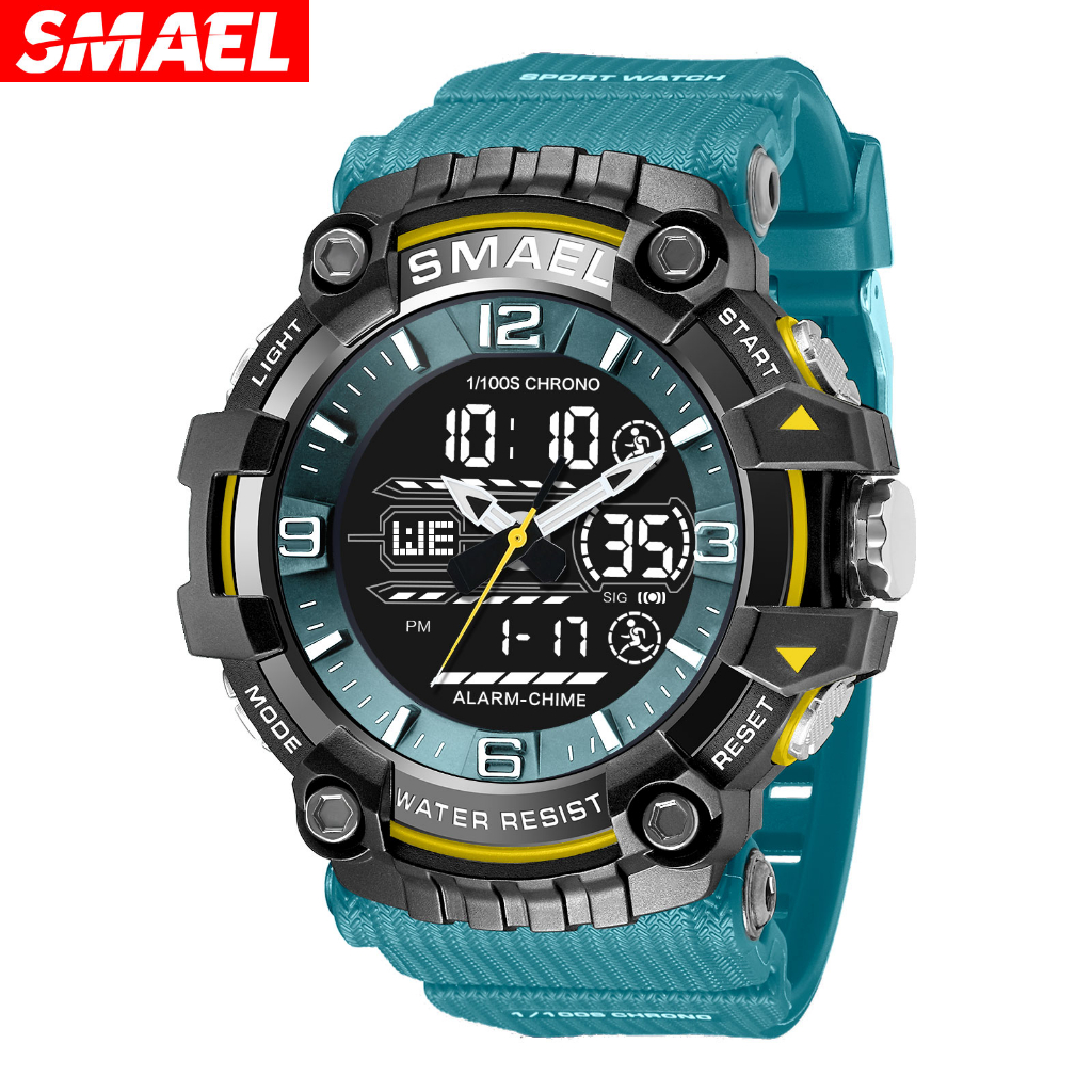 防水運動手錶 SMAEL 品牌手錶雙顯示石英數字手錶秒錶時尚深綠色男士手錶