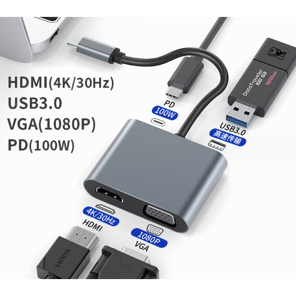 4k高品質type-c轉hdmi VGA USB3.0 PD快充轉換器MacBook手機筆記本任天堂無驅