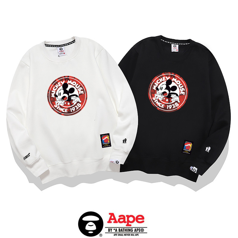 Aape BAPE 標誌動漫印花外套黑色白色高品質毛絨加厚連帽衫棉長袖男士女士 O 領毛圈材料休閒新到貨