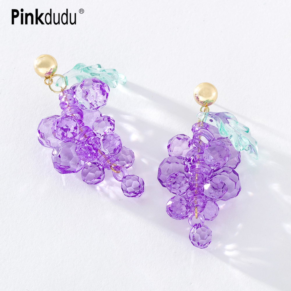 Pinkdudu紫葡萄串耳墜合金亞克力日式甜美清新創意水果系列耳釘女飾品pd1360