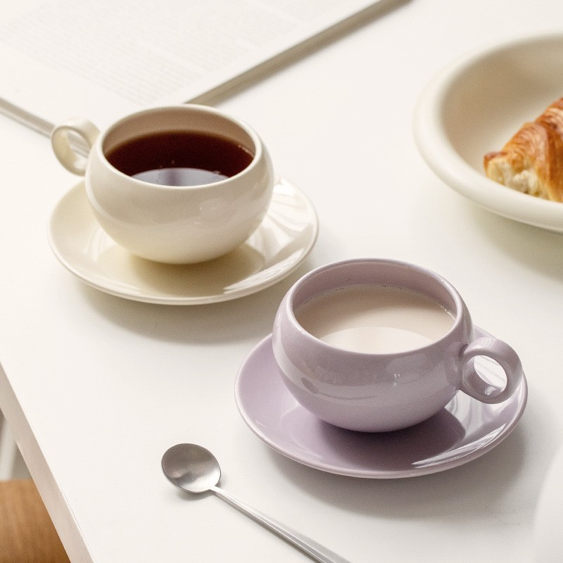 【Spring Lemon 】簡約紫色陶瓷咖啡杯碟套組 ins風寬口拿鐵咖啡杯 馬克杯 下午茶杯 水杯子 情侶對杯