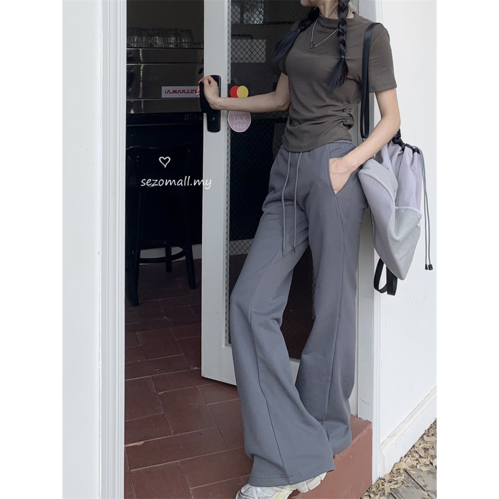 韓版時尚灰色彈力高腰直筒褲女薄款寬鬆喇叭褲