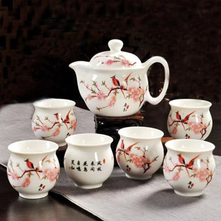 中國陶瓷茶具陶瓷雙層保溫7件套茶具(6茶杯+1茶壺)