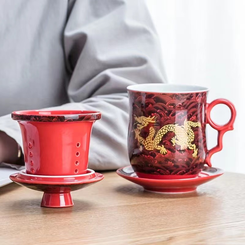 陶瓷 泡茶杯 青花瓷 茶杯 龍紋 蓋碗 帶蓋 帶過濾內膽 辦公室 水杯 茶碗 茶水杯