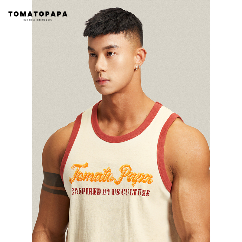 TOMATOPAPA原創美式背心夏季新款撞色拼接字母印花健身訓練運動衣