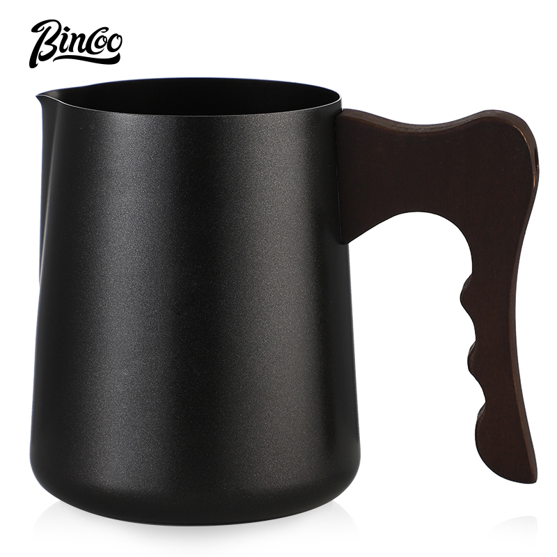 BINCOO 304不銹鋼木紋柄拉花杯 咖啡打奶缸 日式奶泡杯 尖嘴拉花杯 咖啡手沖壺 專業 600ML