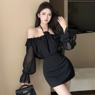 韓版時尚套裝女裝性感黑色短版玫瑰花綁帶一字領燈籠長袖上衣+高腰迷你包臀半身裙兩件套