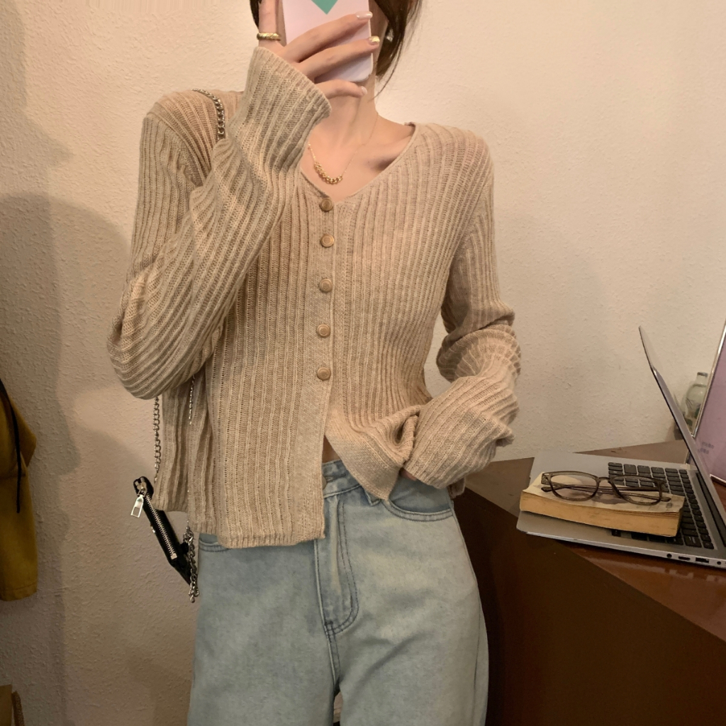 秋季韓版寬鬆V領素色設計感6羊毛針織長袖小外套毛衣外套