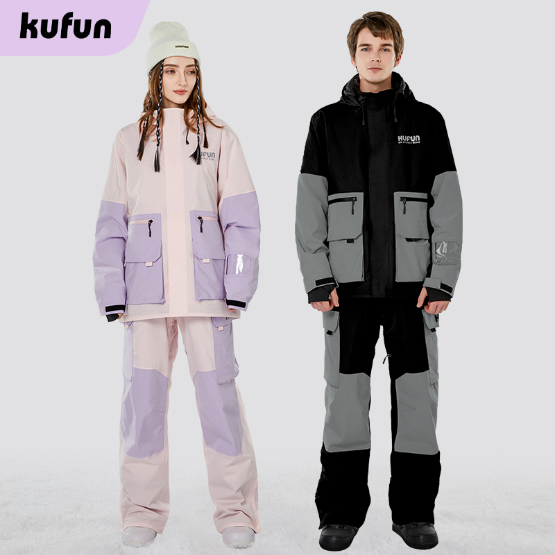 酷峰KUFUN新款滑雪服男女情侶款單板拼色雪服套裝加厚保暖防水單雙板裝備分體滑雪衣滑雪褲套裝