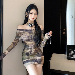 韓版時尚性感扎染洋裝女裝緊身收腰彈力油畫印花網紗長袖一字領緊身洋裝