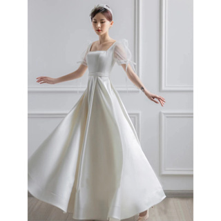 白色領證小禮服輕婚紗高級洋裝登記小白裙氣質日常緞面訂婚洋裝