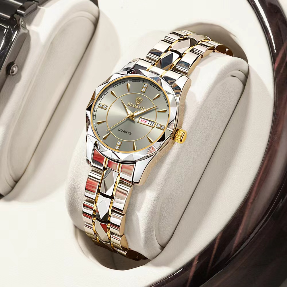 Binbond 女士手錶防水原裝 Relo 黃金手錶時尚夜光不銹鋼手錶