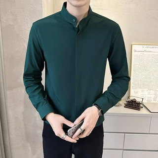 立領長袖襯衫男士 春秋季薄款垂墜感韓版上衣 輕熟風暗鈕扣休閒襯衫潮 高階感立領白襯衫男