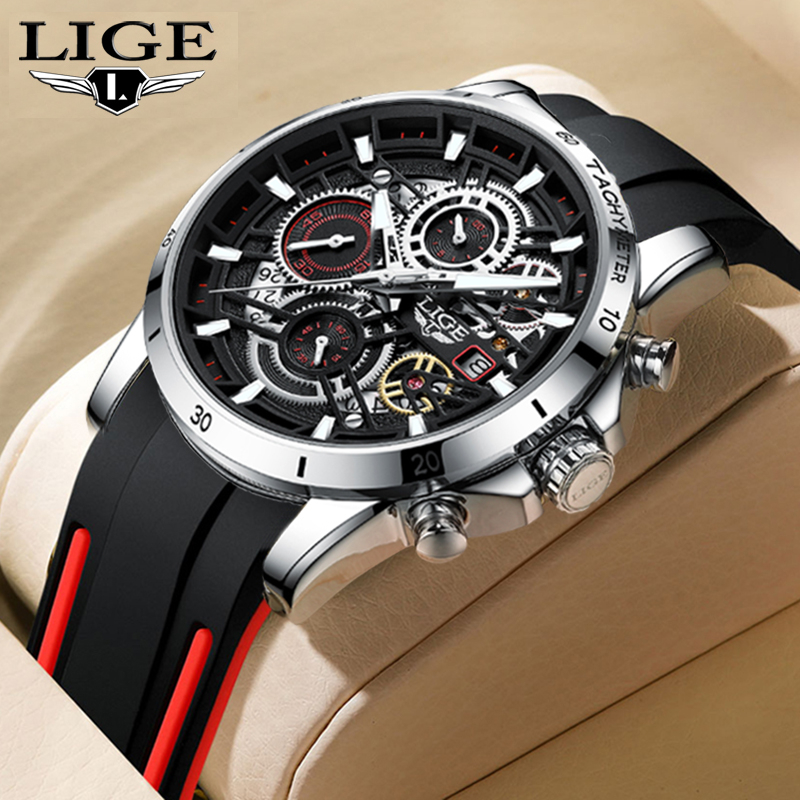 LIGE石英手錶男士黃金手錶計時碼表運動夜光防水男生手錶