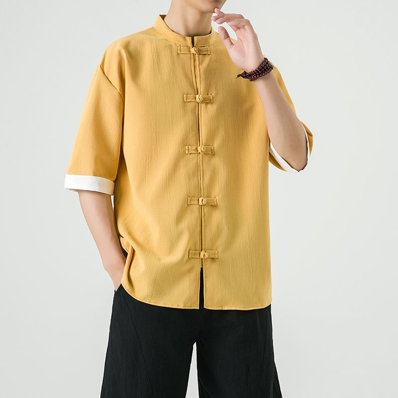 男士中國風傳統服飾復古立領鈕扣襯衫短袖棉麻t恤加大碼襯衫男士純色上衣唐裝三福禪服漢服