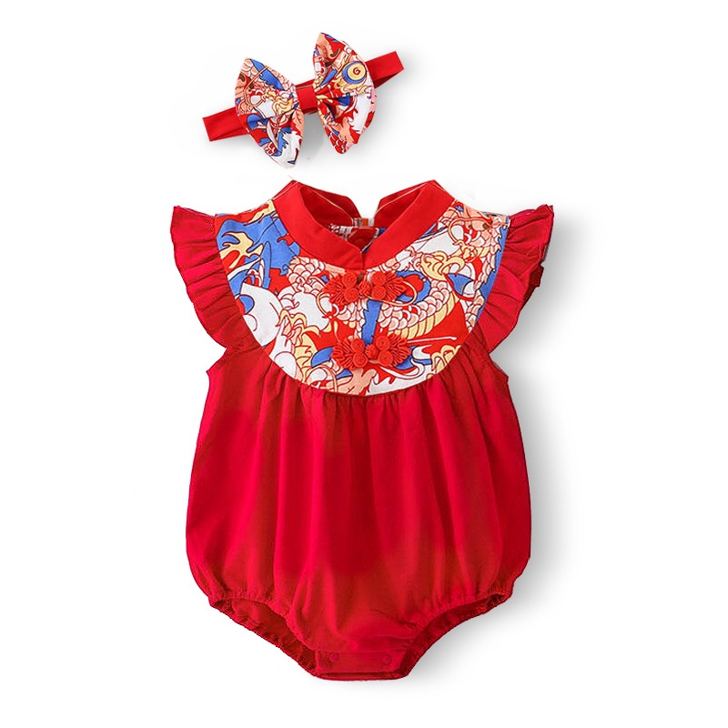新生嬰兒中國風傳統民族服裝中國新年紅色節日嬰兒連身衣