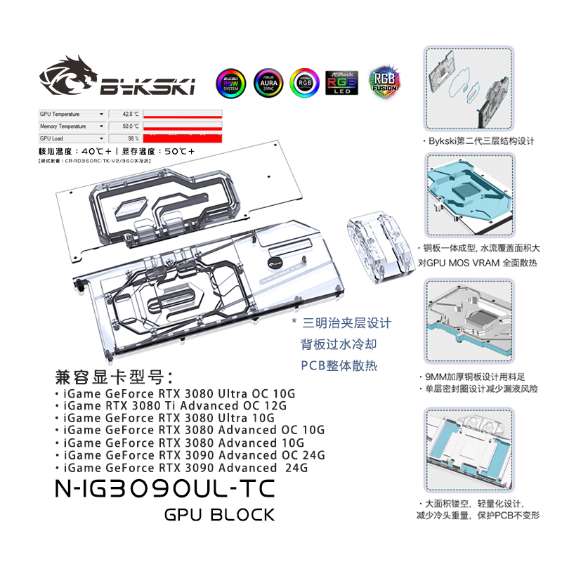 Bykski N-IG3090UL-TC GPU 水冷頭,用於多彩 iGame RTX3080/3090 Ultra/3