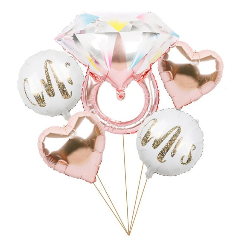 5 件裝金鑽石戒指箔氣球 Mr&amp;Mrs LOVE 氣球派對裝飾套件婚禮情人節新娘送禮會玩具 Globos
