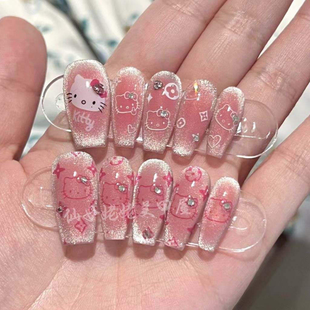 Hello Kitty 假指甲水鑽可拆卸粉色長細高跟指甲全覆蓋指甲貼