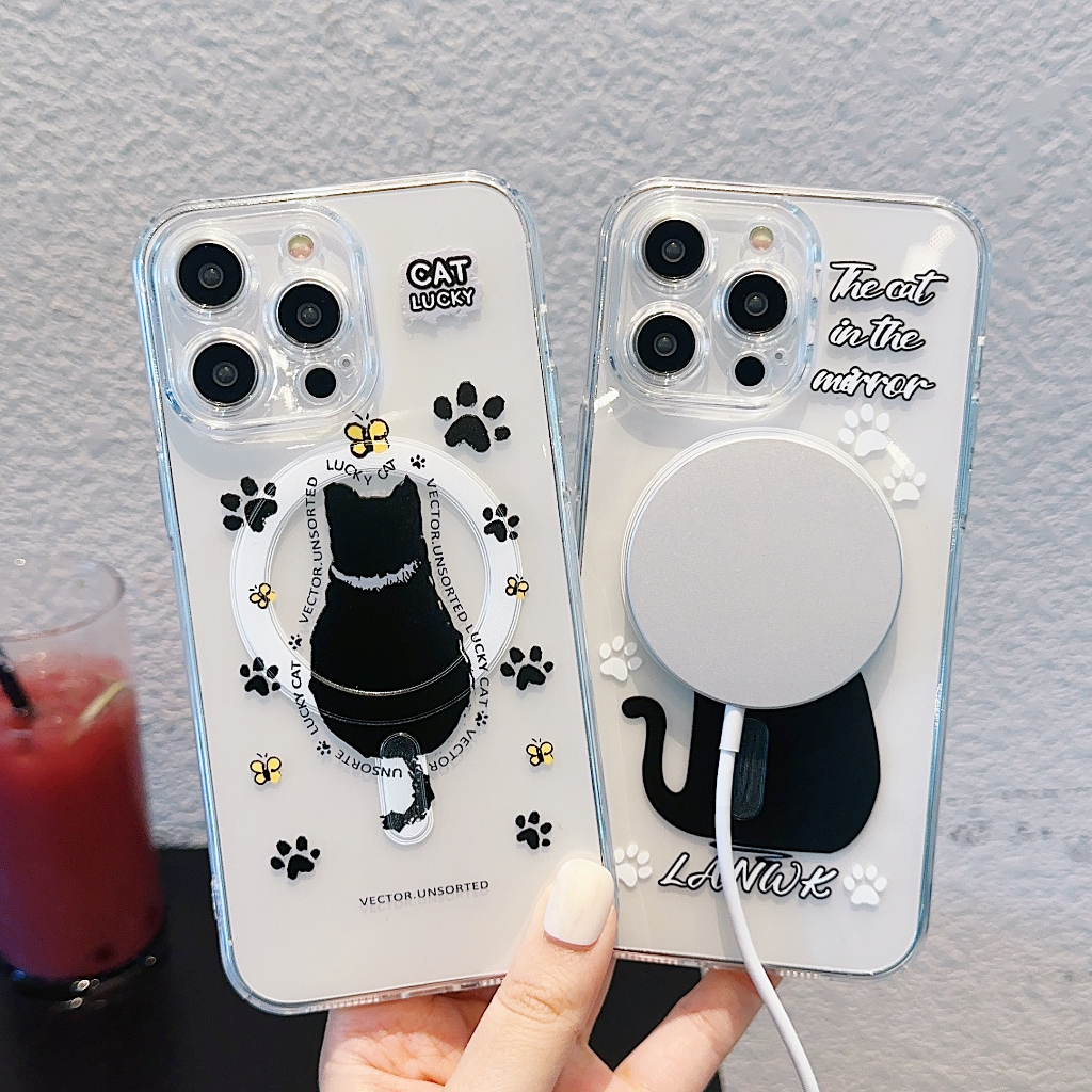 可愛的黑貓磁性手機殼支持無線充電適用於 iphone 15 Pro Max iphone 15 iphone 14 ip