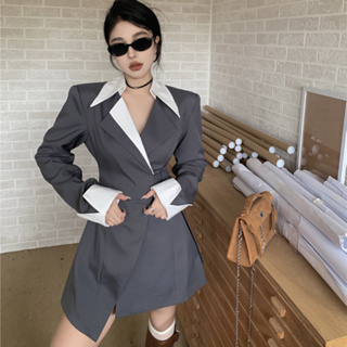 韓版時尚灰色洋裝女裝緊身收腰撞色翻領長袖設計感西裝洋裝