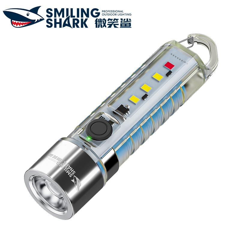 微笑鯊正品 SD1221 led迷你強光手電筒 鑰匙扣小手電筒 熒光 Type-C 5檔帶紅光 帶筆夾扣帽夾燈 小巧便攜