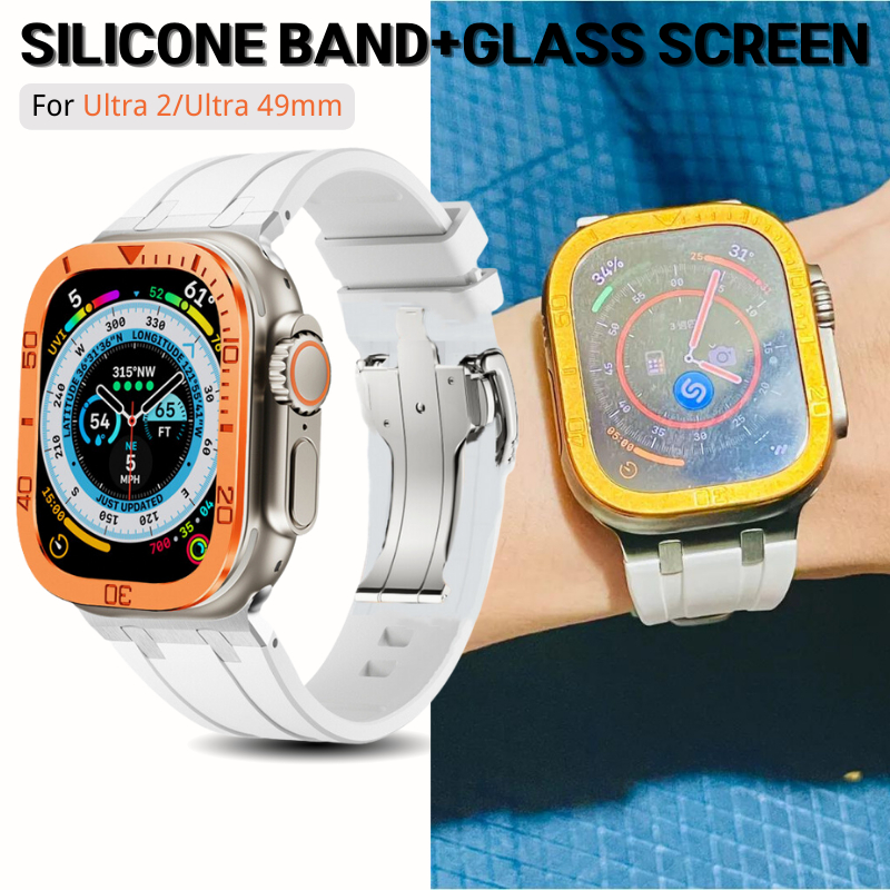 AP改裝矽膠錶帶 愛馬仕摺疊扣 適用Apple Watch Ultra2 49mm錶帶 Ultra金屬刻度鋼化膜
