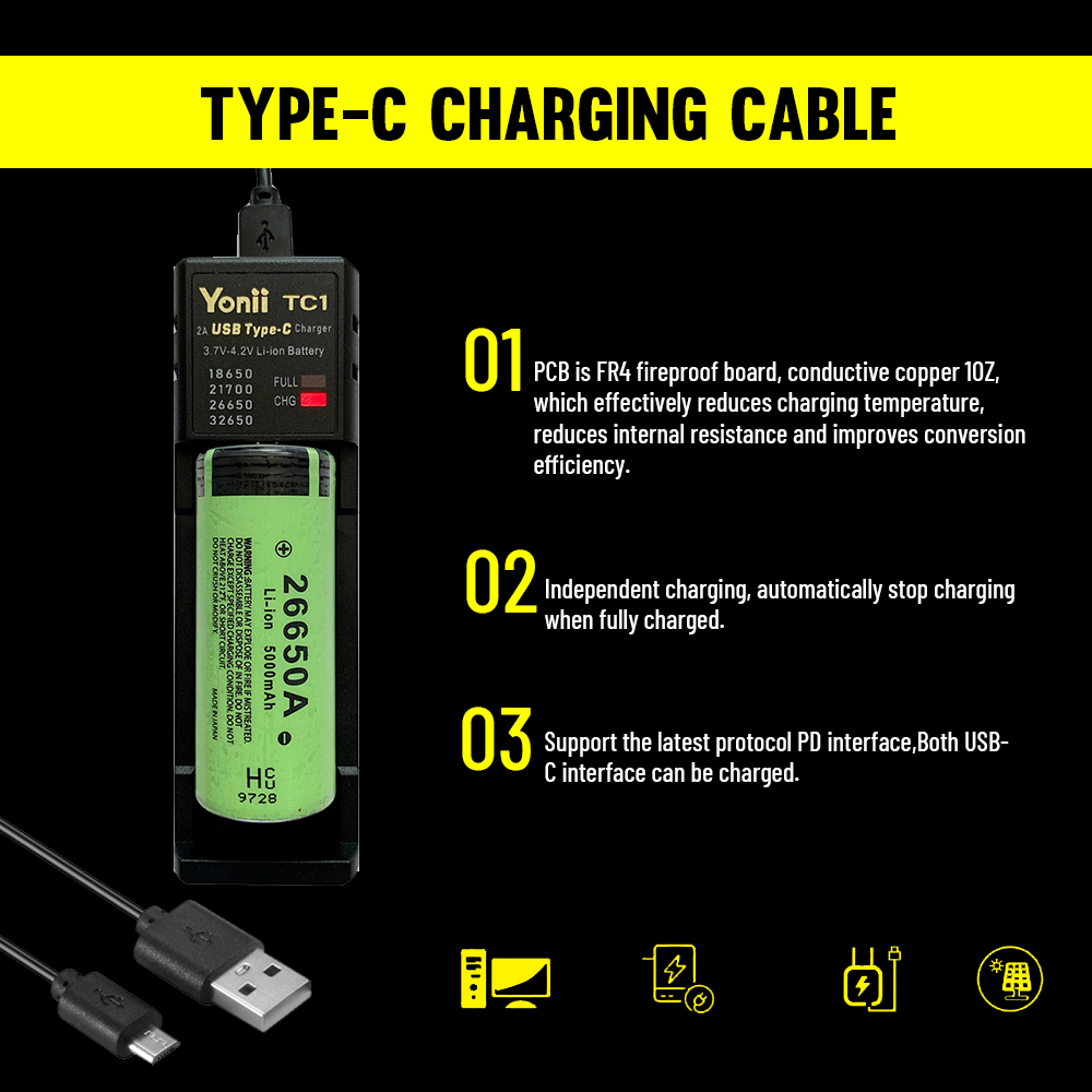 Tc1 Type-C接口21700鋰電池充電器3.7v18650電池充電器2A