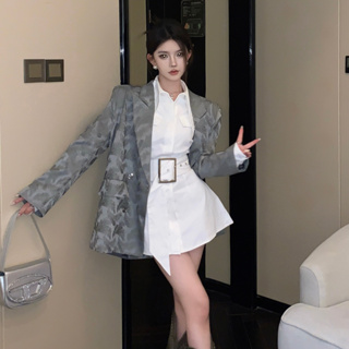 韓版時尚套裝女裝寬鬆暗紋高級感長袖西裝外套+緊身收腰白色性感露背襯衫洋裝兩件套