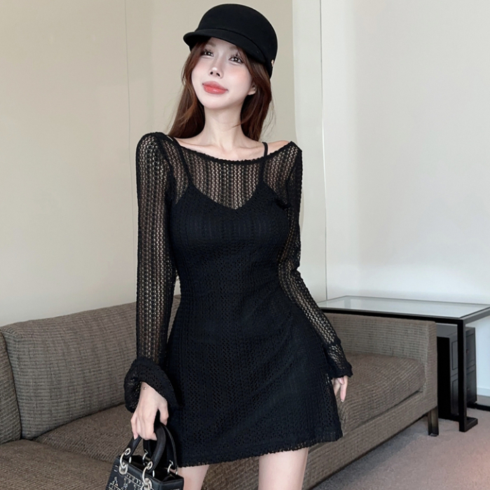韓版時尚性感黑色緊身裙女裝緊身收腰一字領長袖網紗蕾絲拼接長袖洋裝