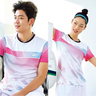 2023夏季新款韓國尤尼克斯羽毛球服短袖男女速乾透氣粉色條紋上衣運動服排球