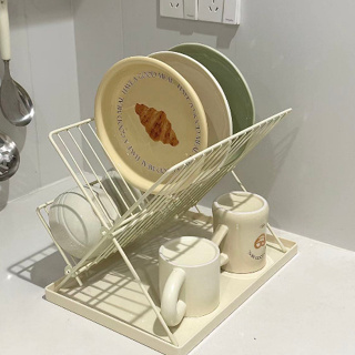 奶油色 廚房瀝水架 雙層 可摺疊 碗碟架 置物架