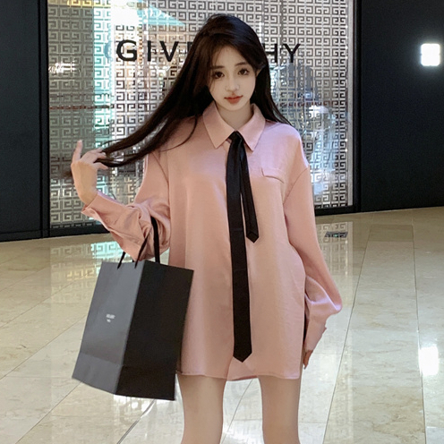 韓版時尚性感襯衫洋裝女裝寬鬆打領帶翻領長袖單排扣中長款粉色洋裝