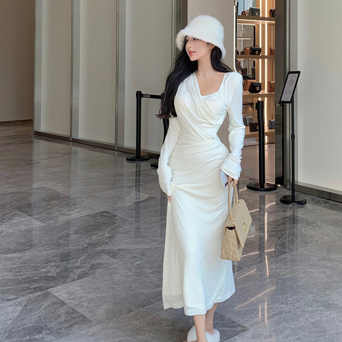 韓版時尚性感白色長裙女裝緊身收腰設計感V領長袖包臀中長款緊身針織洋裝