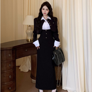韓版時尚套裝女裝氣質高級設計感長袖短版外套+緊身收腰黑色吊帶長裙+白色長袖襯衫三件式