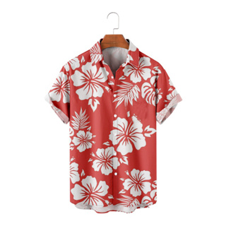 男士粉色熱帶花卉棕櫚葉襯衫短袖夏威夷襯衫
